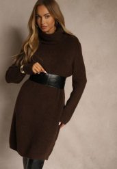 Brązowa Sweterkowa Sukienka Golf z Wełną i Wiskozą Fedorina. Brązowe swetry Renee, bez wzorów, z wełny, bez ramiączek. Za 179.99 zł.