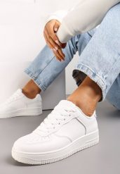 Białe Sneakersy ze Ekoskóry ze Sznurowaniem i Przeszyciami Borsana. Białe buty sportowe lifestyle Renee, bez wzorów, sportowe, bez zapięcia. W wyprzedaży za 63.99 zł.