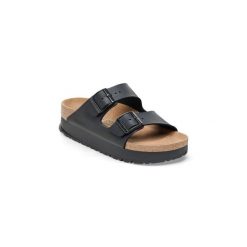 Klapki damskie Birkenstock Arizona Pap Flex Platform. Czarne klapki Birkenstock, bez wzorów, z materiału, bez obcasa, bez zapięcia. Za 423.90 zł.