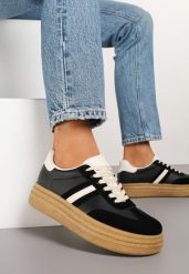 Czarne Sneakersy Kultowe Tenisówki na Grubej Podeszwie Gonelis. Czarne trampki Renee, bez wzorów, z jeansu, bez zapięcia. W wyprzedaży za 75.99 zł.