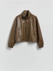 Kurtka z wysoką stójką - brązowy. Brązowe kurtki Reserved, l, bez wzorów, ze skóry, bez kaptura. Za 199.99 zł.