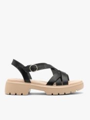 Czarne sandały damskie z platformą. Czarne sandały Brawo sp. z o.o., bez wzorów, eleganckie, bez obcasa, na platformie, bez zapięcia. Za 349.99 zł.