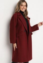 Bordowy Płaszcz Dwurzędowy Długi Swane. Czerwone płaszcze Born2be, l, bez wzorów, eleganckie, bez kaptura. W wyprzedaży za 186.99 zł.