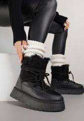 Czarne Śniegowce na Grubej Podeszwie z Futerkiem Alwedra. Czarne śniegowce Born2be, bez wzorów, z jeansu, bez zapięcia. Za 119.99 zł.