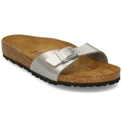 Klapki damskie Birkenstock Madrid. Szare klapki Birkenstock, bez wzorów, z materiału, eleganckie, bez obcasa, bez zapięcia. Za 249.00 zł.