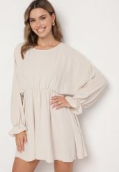Jasnobeżowa Sukienka o Rozkloszowanym Kroju z Ozdobnymi Mankietami Terellea. Brązowe sukienki Born2be, na co dzień, bez wzorów, z jeansu, eleganckie, bez kołnierzyka, bez ramiączek, mini, kopertowe. W wyprzedaży za 72.24 zł.