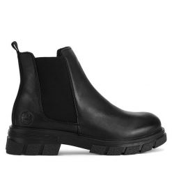 Botki Rieker. Czarne botki Rieker, bez wzorów, bez obcasa, na płaskiej podeszwie, bez zapięcia. Za 319.99 zł.