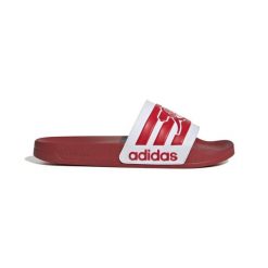Klapki adilette Arsenal 2025/26. Czerwone klapki adidas, bez wzorów, z materiału, eleganckie, bez obcasa, bez zapięcia. Za 107.99 zł.