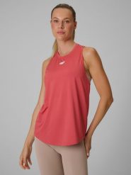 4F Koszulka bez rękawów treningowa szybkoschnąca damska - koralowa L. Pomarańczowe t-shirty sportowe 4f, l, bez wzorów, bez ramiączek, na fitness i siłownię. Za 79.99 zł.