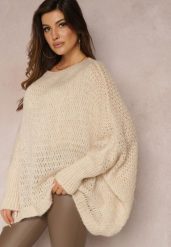 Jasnobeżowy Luźny Sweter Dzianinowy w Stylu Ponczo Nattava. Brązowe swetry Renee, uniwersalny, bez wzorów, z dzianiny, casualowe, bez ramiączek. W wyprzedaży za 79.99 zł.