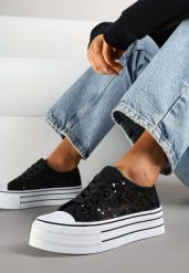 Czarne Trampki Vices z Siateczki z Cekinami na Grubej Podeszwie Telanila. Czarne trampki Renee, bez wzorów, z jeansu, bez zapięcia. W wyprzedaży za 67.99 zł.