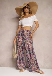 Fioletowe Wiskozowe Spodnie High Waist o Szerokim Kroju z Gumką w Talii Vimashia. Fioletowe jeansy Renee, bez wzorów, z jeansu, biznesowe, z podwyższonym stanem. W wyprzedaży za 29.99 zł.