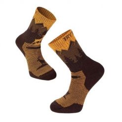 Skarpety trekkingowe z wełny merynosowej z żółtym alpejskim koziorożcem. Żółte skarpetki TRY TO FLY, bez wzorów, z wełny, trekkingowe. W wyprzedaży za 83.39 zł.