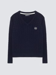 Sweter damski ze splotem warkoczowym z dekoltem v-neck granatowy Nisa 403. Niebieskie swetry BIG STAR, l, bez wzorów, z bawełny, klasyczne, bez ramiączek. Za 199.99 zł.