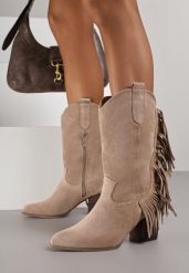 Beżowe Botki Kowbojki na Obcasie Zdobione Frędzlami Reisia. Brązowe botki Born2be, z aplikacjami, z jeansu, klasyczne, bez obcasa, na obcasie, bez zapięcia. Za 119.99 zł.