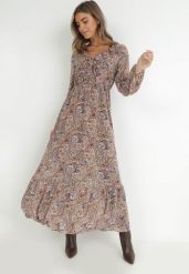 Brązowo-Beżowa Sukienka z Falbanką przy Dekolcie w Ornamentalny Wzór isha. Brązowe sukienki Born2be, na co dzień, l, bez wzorów, eleganckie, bez kołnierzyka, bez ramiączek, maxi, rozkloszowane. W wyprzedaży za 127.49 zł.
