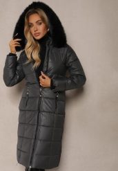 Szara Pikowana Kurtka o Długim Kroju z Odpinanym Kołnierzem z Futerka Neathora. Szare kurtki Renee, l, bez wzorów, z futra, eleganckie, bez kaptura. W wyprzedaży za 146.99 zł.
