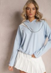 Niebieska Asymetryczna Bluza z Bawełny z Kapturem i Ozdobnym Suwakiem Lueur. Niebieskie bluzy Renee, bez wzorów, z bawełny, casualowe, bez ramiączek, z kapturem. W wyprzedaży za 75.99 zł.