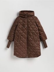 Długa kurtka z kapturem - ciemnobrązowy. Brązowe kurtki Reserved, l, bez wzorów, z tkaniny, z kapturem. Za 179.99 zł.