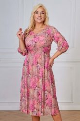 Elegancka beżowa sukienka Vanessa z rękawem 3/4 w kwiaty XXL OVERSIZE WIOSNA. Brązowe sukienki Moda Size Plus Iwanek, s, z aplikacjami, z elastanu, eleganckie, bez kołnierzyka, bez ramiączek, mini, dopasowane. Za 449.90 zł.