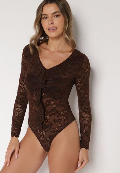 Brązowe Koronkowe Body z Falbanką Vidane. Brązowe body i gorsety Born2be, z aplikacjami, z jeansu, bez ramiączek. Za 99.99 zł.