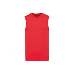 Sweter bez rękawów z dekoltem w szpic Kariban. Czerwone swetry KARIBAN, na zimę, bez wzorów, z bawełny, bez ramiączek. Za 179.00 zł.