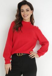 Czerwony Sweter Dzianinowy z Długim Rękawem i Guzikami Omes. Czerwone swetry Born2be, bez wzorów, z dzianiny, bez ramiączek. W wyprzedaży za 118.99 zł.