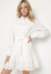 Biała Koszulowa Sukienka z Wiskozy z Bawełną Koronką i Paskiem Lilresia. Białe sukienki Born2be, na co dzień, m, bez wzorów, z bawełny, eleganckie, bez kołnierzyka, bez ramiączek, mini, koszulowe. W wyprzedaży za 127.49 zł.
