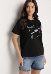 Czarny T-shirt z Ozdobnym Nadrukiem z Brokatem Tenesia. Czarne t-shirty Born2be, l, bez wzorów, z jeansu, eleganckie, bez kołnierzyka, bez ramiączek. Za 39.99 zł.
