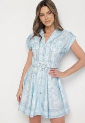 Niebieska Wiskozowa Sukienka o Koszulowym Kroju z Paskiem z Klamrą Nitariela. Niebieskie sukienki Born2be, na spotkanie biznesowe, l, bez wzorów, z wiskozy, eleganckie, bez kołnierzyka, bez ramiączek, mini, koszulowe. W wyprzedaży za 203.99 zł.