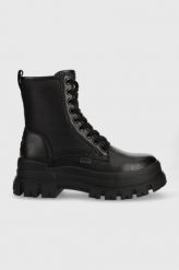 Buffalo workery aspha com2 damskie kolor czarny na platformie. Czarne botki Buffalo, bez wzorów, z gumy, z okrągłym noskiem, bez obcasa, na platformie, bez zapięcia. W wyprzedaży za 334.99 zł.