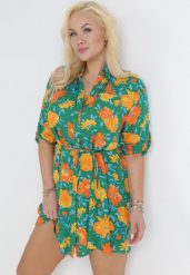 Zielona Koszulowa Sukienka Mini z Guzikami i Materiałowym Paskiem Raimeda. Zielone sukienki Born2be, l, bez wzorów, z materiału, bez kołnierzyka, plus size, bez ramiączek, mini, koszulowe. W wyprzedaży za 63.74 zł.