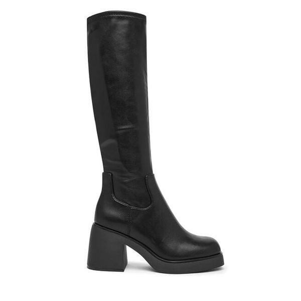 Kozaki Aldo. Czarne kozaki Aldo, bez wzorów, bez obcasa, na słupku, bez zapięcia. Za 469.99 zł.