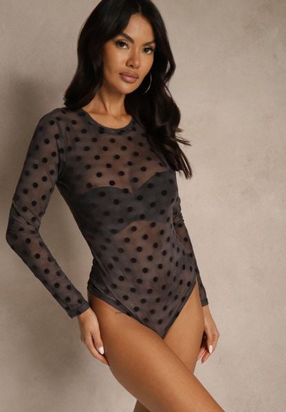 Czarne Transparentne Body z Wiskozą w Kropki z Weluru Lianassa. Czarne body i gorsety Renee, bez wzorów, z jeansu, bez ramiączek. Za 89.99 zł.