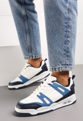 Biało-Granatowe Sneakersy Sportowe ze Wstawkami z Ekoskóry Isadona. Białe buty sportowe lifestyle Born2be, bez wzorów, eleganckie, bez zapięcia. W wyprzedaży za 76.49 zł.