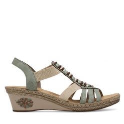 Sandały Rieker. Zielone sandały Rieker, bez wzorów, bez obcasa, na koturnie, bez zapięcia. Za 299.99 zł.
