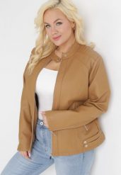 Brązowa Kurtka Ramoneska z Ekoskóry z Ozdobnymi Paskami na Napy Bellassa. Brązowe kurtki Born2be, plus size, bez wzorów, bez kaptura. Za 109.99 zł.