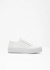 Sneakersy na podeszwie platformie. Białe buty sportowe lifestyle bonprix, bez wzorów, sportowe, bez zapięcia. Za 124.99 zł.