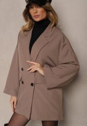 Ciemnobeżowa Oversizowa Marynarka z Klapami i Dwurzędowym Zapięciem Sinthelis. Brązowe marynarki i żakiety Renee, z aplikacjami, eleganckie, bez ramiączek. Za 119.99 zł.