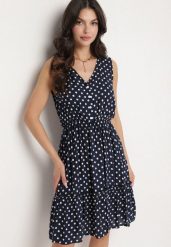 Granatowa Sukienka z Wiskozą i Bawełną w Kropki Lilivena. Niebieskie sukienki Born2be, na co dzień, l, bez wzorów, z bawełny, eleganckie, bez kołnierzyka, bez ramiączek, mini. W wyprzedaży za 38.24 zł.