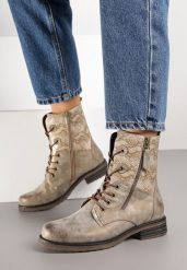 Ciemnobeżowe Botki Workery Zdobione Suwakiem i Wężowym Tłoczeniem Vemindra. Brązowe botki Born2be, z aplikacjami, z jeansu, klasyczne, bez obcasa, na płaskiej podeszwie, bez zapięcia. Za 99.99 zł.