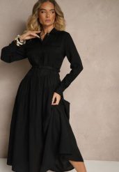 Czarna Rozkloszowana Sukienka z Wiskozy z Guzikami i Paskiem Ronesa. Czarne sukienki Renee, na co dzień, l, bez wzorów, z wiskozy, eleganckie, bez kołnierzyka, bez ramiączek, maxi, proste. W wyprzedaży za 119.99 zł.
