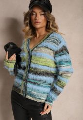 Niebieski Rozpinany Kardigan z Wiskozą i Wełną w Paski Esamara. Niebieskie swetry Renee, bez wzorów, z jeansu, eleganckie, bez ramiączek. W wyprzedaży za 55.99 zł.