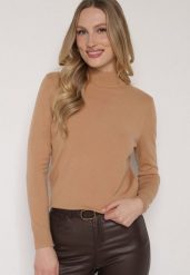 Ciemnobeżowy Gładki Sweter z Półgolfem w Stylu Casual Unallia. Brązowe swetry Born2be, l, bez wzorów, z jeansu, biznesowe, bez ramiączek. Za 59.99 zł.