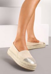Beżowe Espadryle z Brokatowym Noskiem i Plecioną Podeszwą Plaora. Brązowe espadryle Renee, bez wzorów, bez obcasa, na platformie. W wyprzedaży za 47.99 zł.
