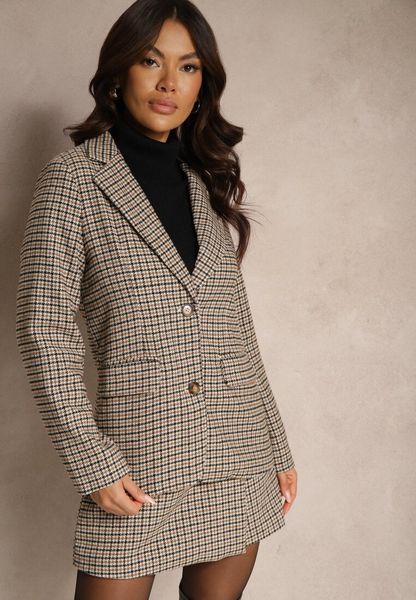 Beżowa Marynarka Jednorzędowa z Wiskozą Ozdobiona Kieszeniami i Kratą Ninnelle. Brązowe marynarki i żakiety Renee, uniwersalny, bez wzorów, z wiskozy, eleganckie, bez ramiączek. Za 89.99 zł.