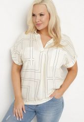 Jasnobeżowa Bluzka o Koszulowym Fasonie z Wiskozy w Geometryczny Print Ralozi. Brązowe bluzki Born2be, l, bez wzorów, z jeansu, eleganckie, bez kołnierzyka, plus size, bez ramiączek. W wyprzedaży za 67.99 zł.