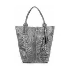 Shopper bag jasny szary skórzany croco L94. Szare shopper bag z aplikacjami, z materiału, małe, zamszowe, bez dodatków. Za 229.99 zł.