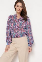 Niebiesko-Fioletowa Koszula z Transparentnego Materiału w Kwiaty Nomerttia. Niebieskie koszule Born2be, l, bez wzorów, bez kołnierzyka, bez ramiączek. Za 149.99 zł.