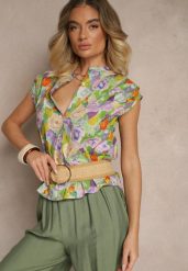 Fioletowo-Zielona Koszula z Bawełny w Kwiaty Natilea. Fioletowe koszule Renee, l, bez wzorów, z bawełny, eleganckie, bez kołnierzyka, bez ramiączek. W wyprzedaży za 75.99 zł.